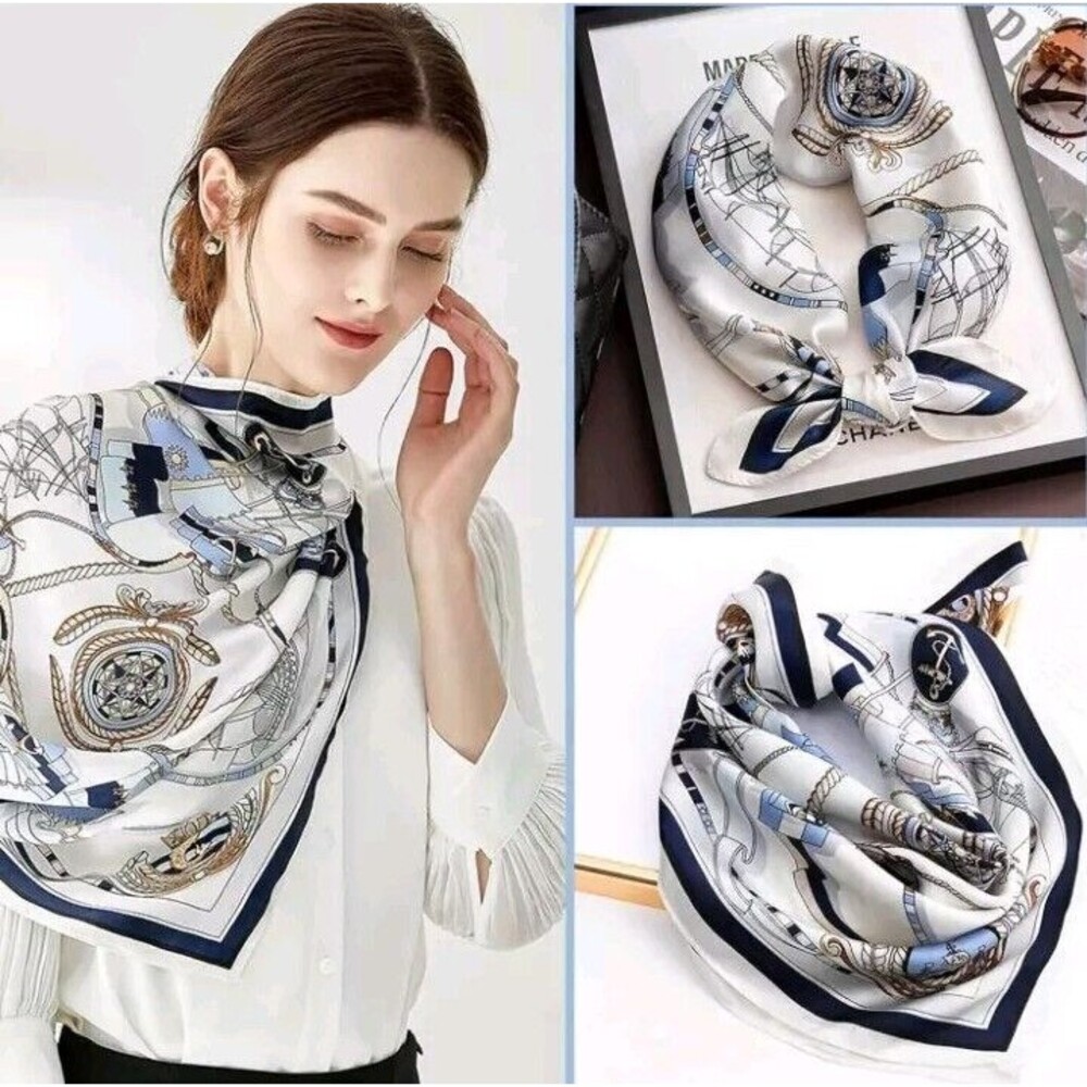 Roizsx Fashion Head Scarf Square Satin for Hair Beach Print Old Ship Navy/White